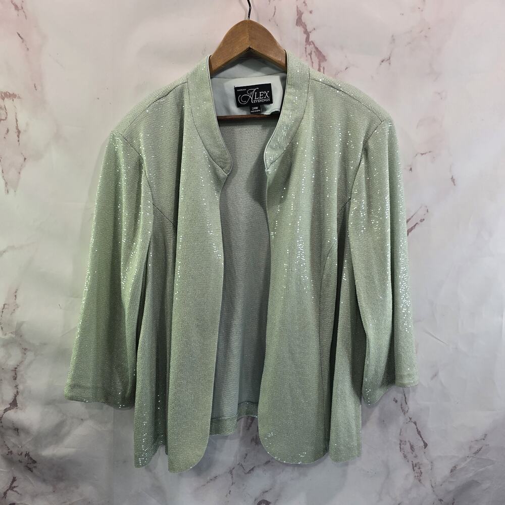 Alex Evenings Jacket Womens 24W Green Sequin Shimmer Metallic Mint Seafoam
